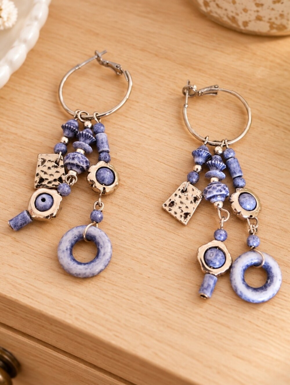 Blue Jean Color Plastic Earrings on Silver Hoops - Pre-loved (3')